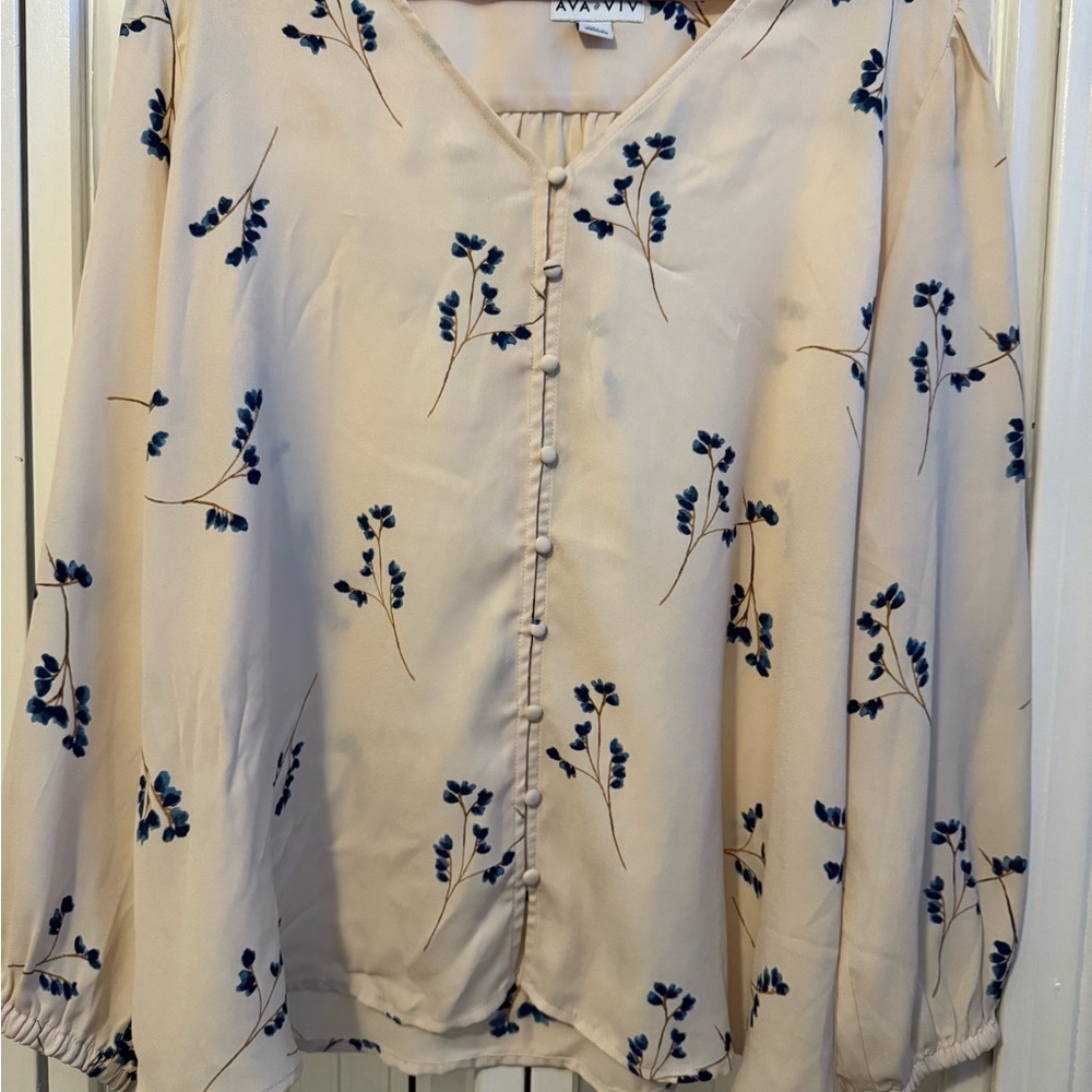 Ava & Viv Cream Blouse with Blue Floral Accents